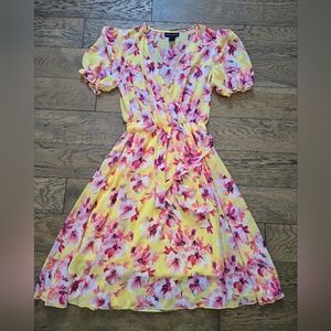 Stella & Julie Vibrant Yellow and Pink Floral Midi Dress Size 8